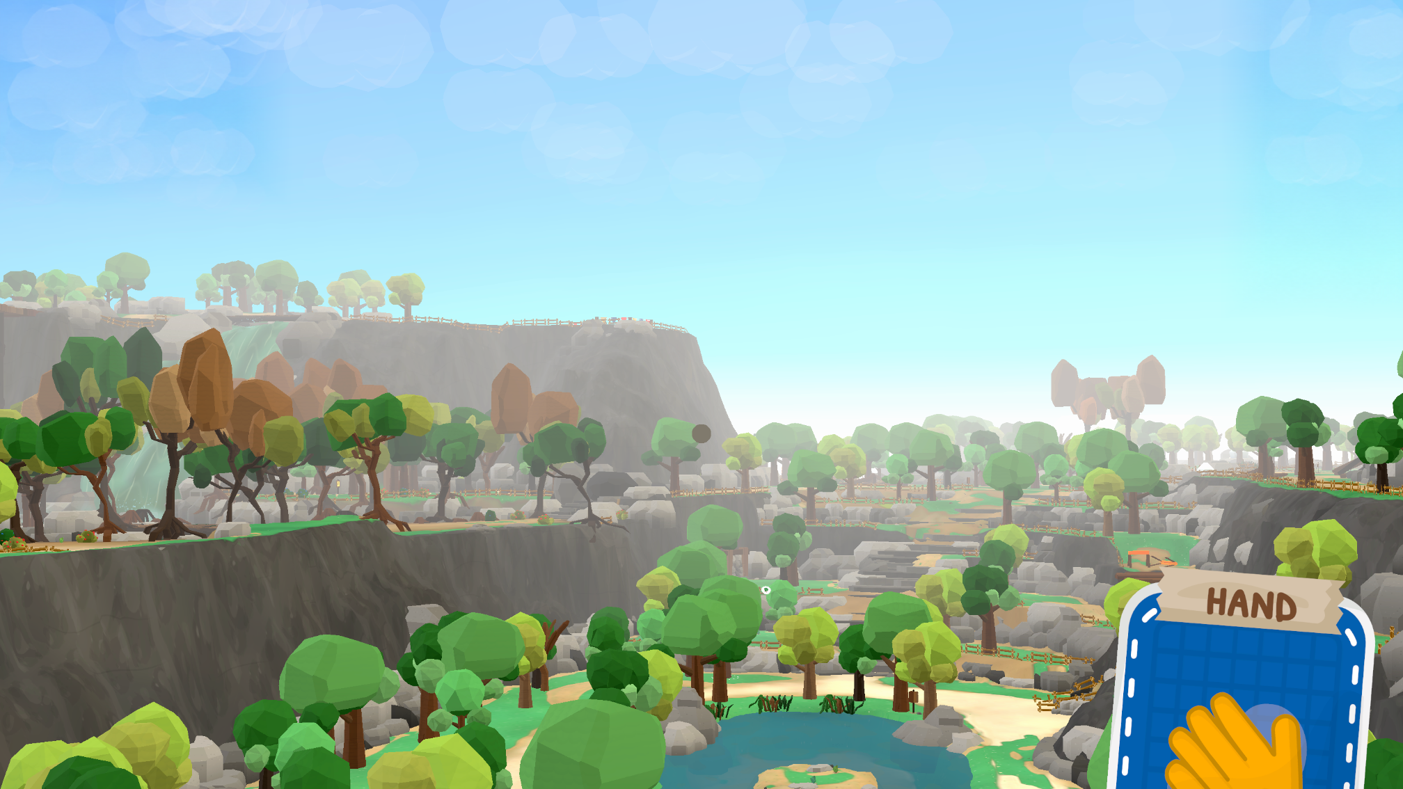 First-person view across Carden’s wooded valley, waterfall and pond, with a Field Deck Hand card visible